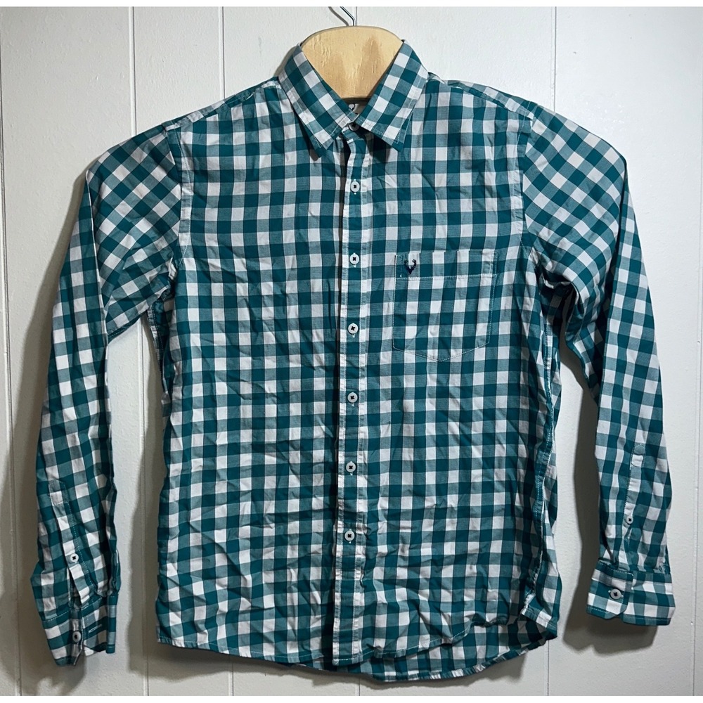 Allen Solly Mens Teal Green Gingham Check Long Sleeve Button Down‎ Shirt Size 39